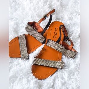 EGO Size 6 Tan Rhinestone Strappy Flat Sandals - Stylish & Comfortable